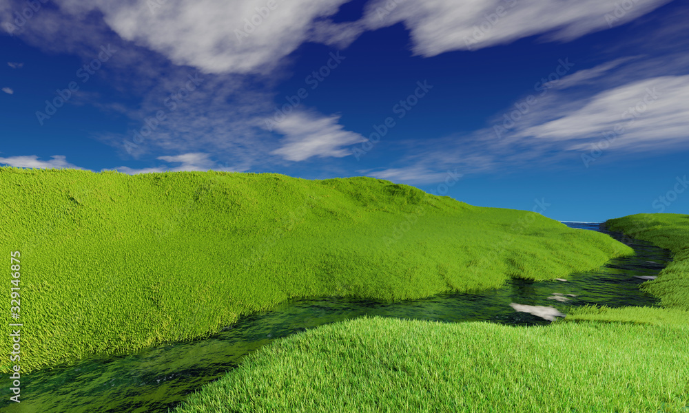 Blue sky and beautiful cloud with meadow and sunshine. Plain landscape background for summer poster. The best view for holiday. picture of green grass field and blue sky with white clouds.