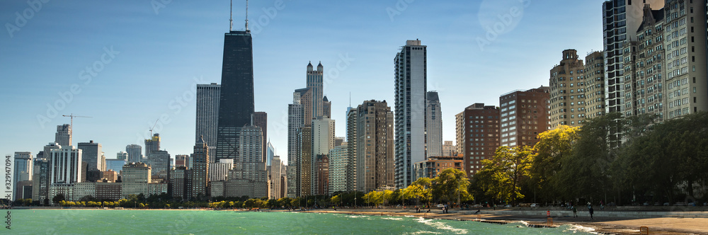 Chicago cityscape across Lake Panoramic of Michigan and Lake Shore Drive in Illinois USA