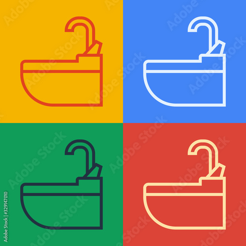 Pop art line Washbasin with water tap icon isolated on color background. Vector Illustration