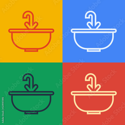 Pop art line Washbasin with water tap icon isolated on color background. Vector Illustration