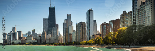 Chicago cityscape across Lake Panoramic of Michigan and Lake Shore Drive in Illinois USA