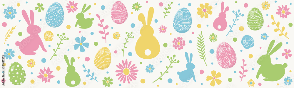Easter banner with eggs, bunnies and flowers. Vector