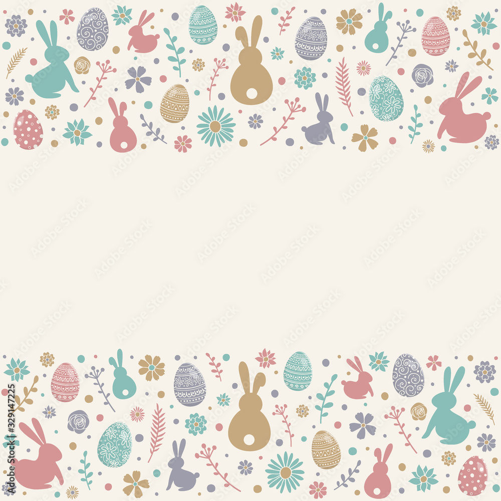 Colourful Easter eggs, bunnies and flowers on white background with copyspace. Vector
