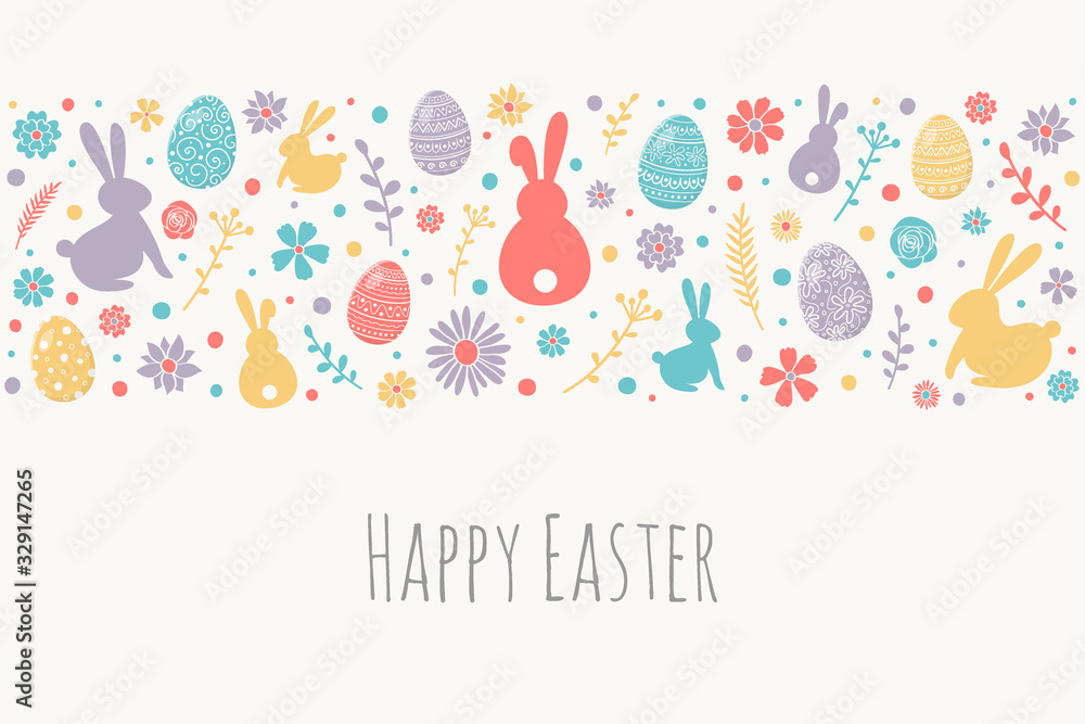 Fototapeta premium Happy Easter. Greeting card with decorative eggs, bunnies and flowers on white background. Vector