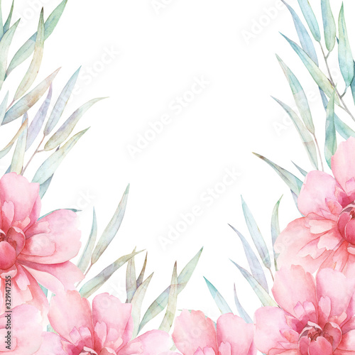 Fototapeta Naklejka Na Ścianę i Meble -  Watercolor floral card with eucalyptus branch and peony. Hand drawn botanical illustration. Greenery border