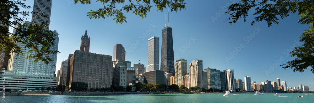 Chicago cityscape across Lake Michigan and Lake Shore Drive in Illinois USA Chicago cityscape across Lake Michigan and Lake Shore Drive in Illinois USA