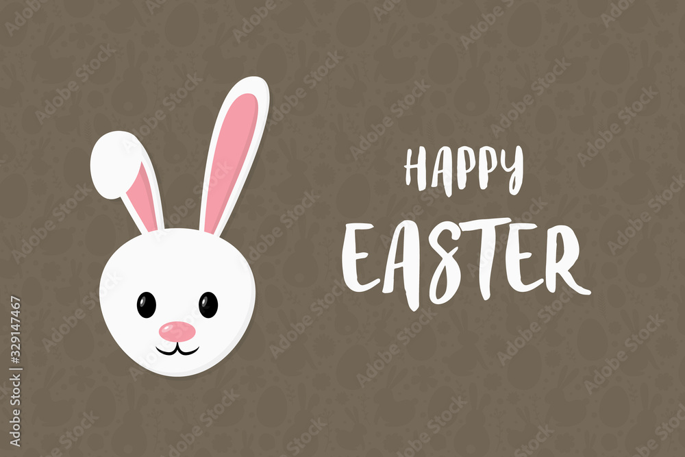Fototapeta premium Happy Easter. Greeting card with smiley bunny on brown background with pattern. Banner. Vector