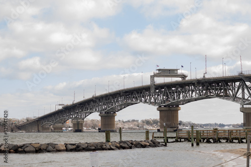 The George P. Coleman Memorial Bridge that crosses over the York River between Yorktown, VA and Gloucester, VA, on a snowy, overcast day in winter.