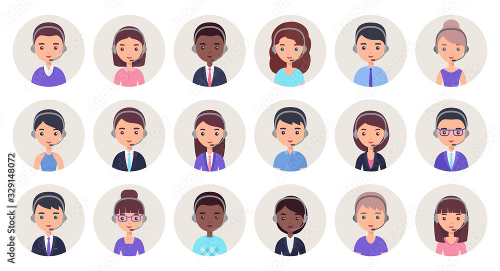 Call center operator icon. Vector. Service agent customer avatar in headset. Support manager in headphone. Flat design. People faces isolated in circle. Cartoon illustration. Online contact help. Call center operator icon. Vector. Service agent customer avatar in headset. Support manager in headphone. Flat design. People faces isolated in circle. Cartoon illustration. Online contact help.