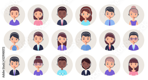 Call center operator icon. Vector. Service agent customer avatar in headset. Support manager in headphone. Flat design. People faces isolated in circle. Cartoon illustration. Online contact help.