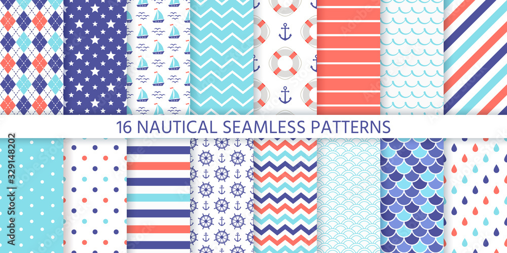 Nautical seamless pattern. Vector. Marine sea backgrounds with anchor, sailboat, wheel, Lifebuoy, stripe and waves. Set summer print. Geometric texture for baby shower, scrapbook. Color illustration Nautical seamless pattern. Vector. Marine sea backgrounds with anchor, sailboat, wheel, Lifebuoy, stripe and waves. Set summer print. Geometric texture for baby shower, scrapbook. Color illustration