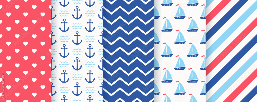Nautical seamless pattern. Vector. Marine, sea backgrounds with anchor, sailboat, zigzag, stripe and heart. Set summer texture. Geometric blue print for baby shower, scrapbooking. Color illustration