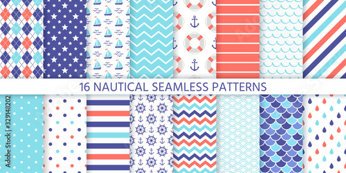 Nautical seamless pattern. Vector. Marine sea backgrounds with anchor, sailboat, wheel, Lifebuoy, stripe and waves. Set summer print. Geometric texture for baby shower, scrapbook. Color illustration
