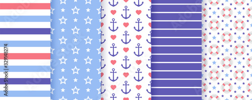 Nautical seamless pattern. Vector. Marine sea backgrounds with anchor, Lifebuoy, stripes, star. Set blue summer prints. Geometric texture for baby shower, scrapbooking. Color illustration