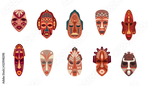 Cartoon Color African Ethnic Tribal Masks Icon Set. Vector
