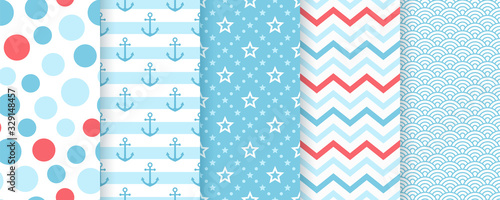 Nautical seamless pattern. Vector. Marine sea backgrounds with anchor, stripes, star and waves. Set blue summer prints. Geometric texture for baby shower, scrapbooking. Color illustration