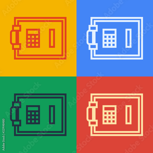 Pop art line Safe icon isolated on color background. The door safe a bank vault with a combination lock. Reliable Data Protection. Vector Illustration