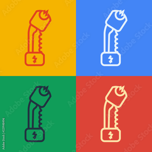 Pop art line Police electric shocker icon isolated on color background. Shocker for protection. Taser is an electric weapon. Vector Illustration