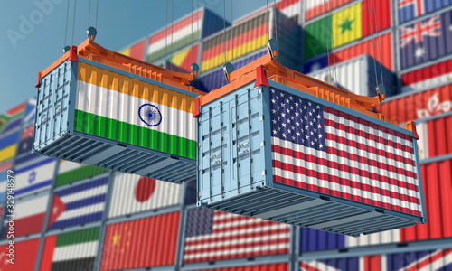 Shipping containers with India and USA flag. 3D Rendering 