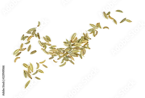 Dried fennel seeds isolated on a white background, top view.