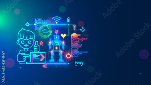 The boy builds a toy humanoid robot from constructor, programs it on laptop. Children society of robotics, electronics, programming enthusiasts. Education and hobby of engineering technology of Kids.