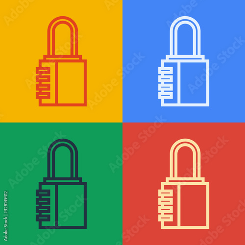 Pop art line Safe combination lock icon isolated on color background. Combination padlock. Security, safety, protection, password, privacy. Vector Illustration
