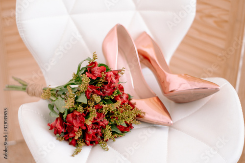 wedding flower, bouquet and shoes