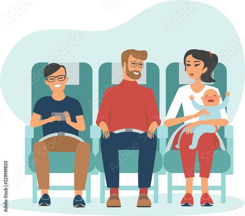 Young family traveling by jet plane together