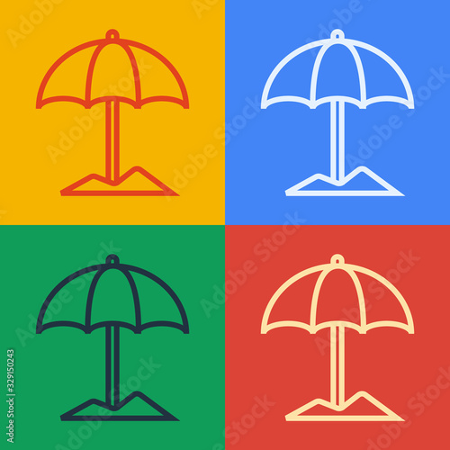 Pop art line Sun protective umbrella for beach icon isolated on color background. Large parasol for outdoor space. Beach umbrella. Vector Illustration