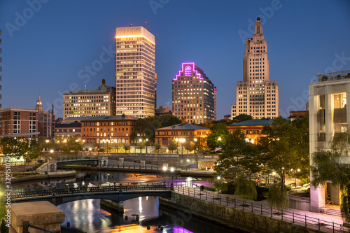 Downtown city view over the Woonasquatucket River canal in Providence Rhode Island USA