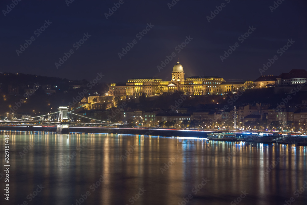 Budapest castle and chain bridge at night, Hungary