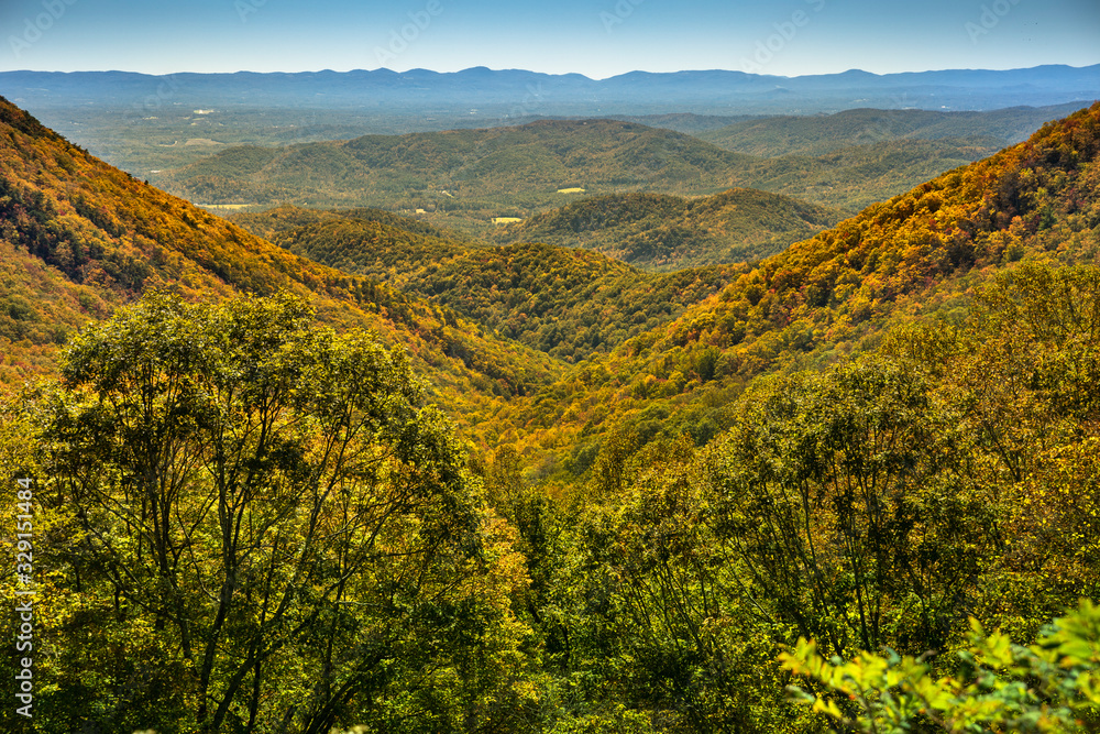 Tree covered hills of the Blue Ridge Mountains in North Carolina USA