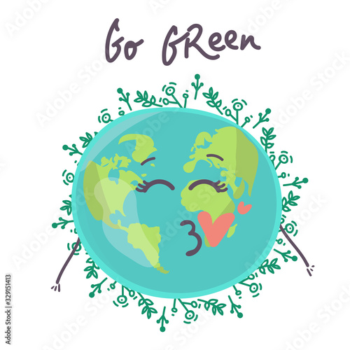 character blows a kiss. Fall in love Cute earth character with heart. illustration vector. cartoon character isolated on a white background.