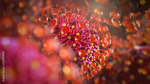 4k 3D illustration of a SARS-CoV-2 virion COVID-19 Coronavirus transparent group photo