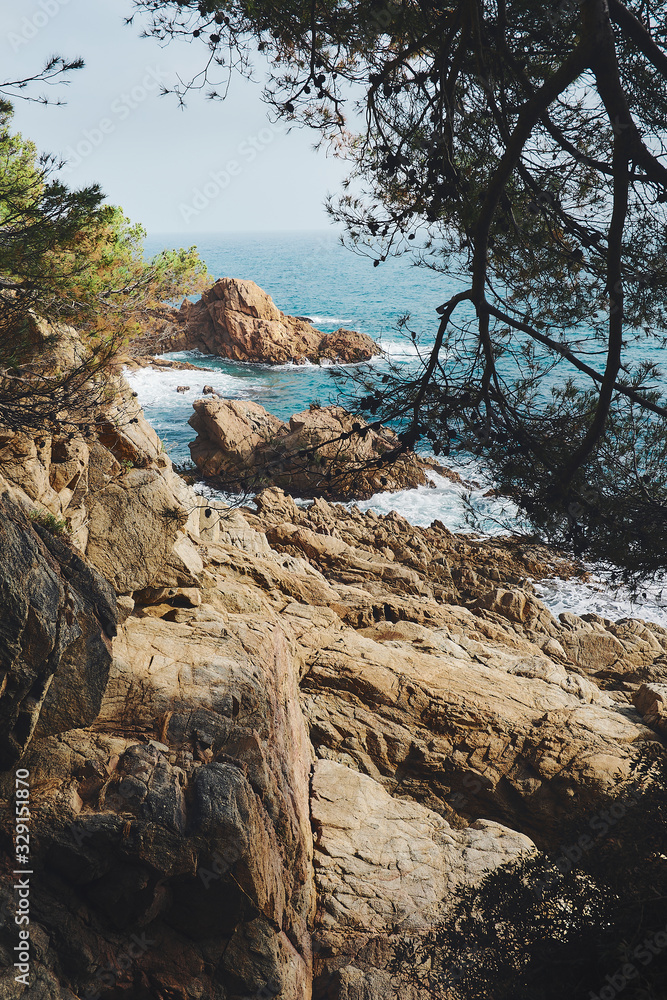Mediterranean Landscape with rocks, pine trees and cliffs in Costa Brava. Blanes, Catalonia, Spain.