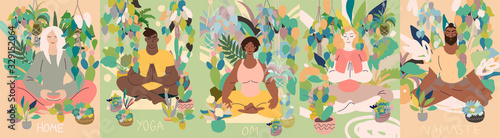 Flat style cartoon cute character, woman doing meditation in yoga pose at home surrounded by plants. Healthcare, wellbeing, exercise, stress relief concept. Minimal vector illustration.