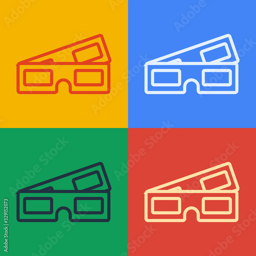 Pop art line 3D cinema glasses icon isolated on color background. Vector Illustration