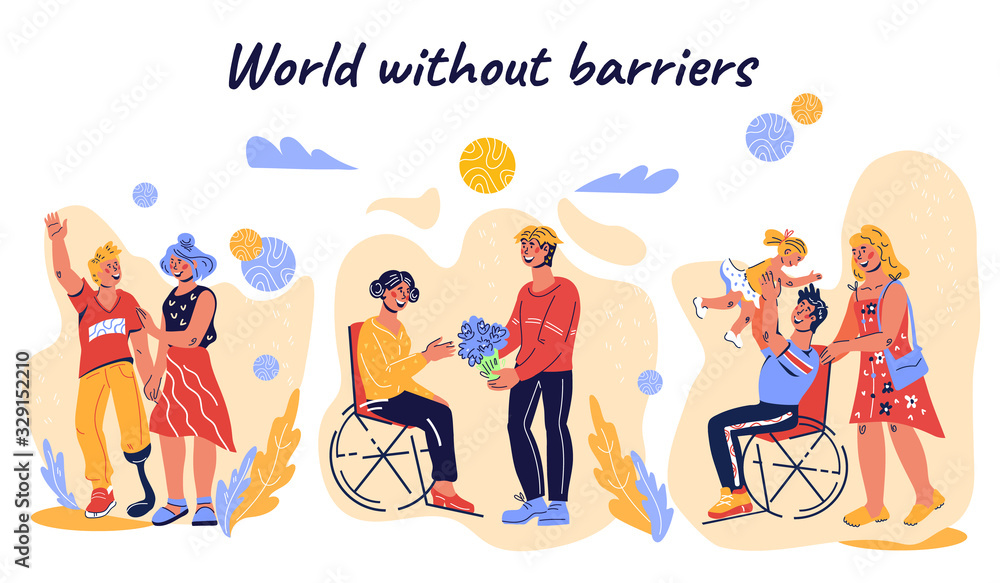 People with disability supporting and social connection banner or poster with invalid handicapped persons living usual life, creating relations and family. flat cartoon vector illustration isolated. - obrazy, fototapety, plakaty 