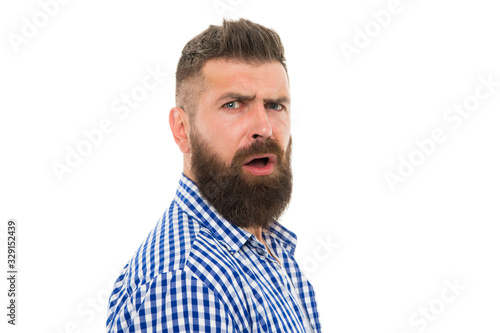 Have some doubts. Hipster bearded face not sure in something. Doubtful bearded man on white background close up. Doubtful expression. Wait what. Man serious face raising eyebrow not confident