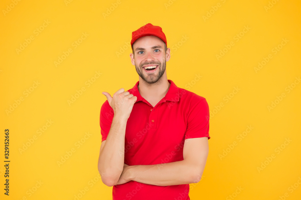 Worker courier. friendly man in uniform. portrait of smiling deliveryman. job and people concept. his first job. part-time job for student. Happy Male Janitor. Smiling Janitor In Uniform At Office
