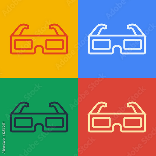 Pop art line 3D cinema glasses icon isolated on color background. Vector Illustration