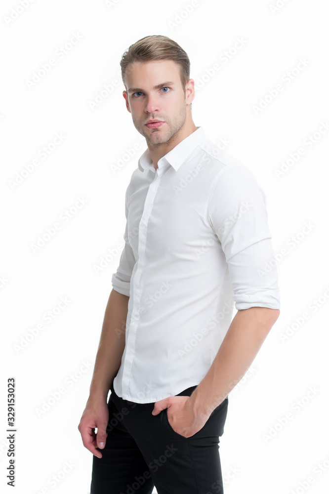 Handsome and attractive. Handsome man isolated on white. Stylish guy look handsome. Mens grooming. Fashion and style. Confident and handsome Handsome and attractive. Handsome man isolated on white. Stylish guy look handsome. Mens grooming. Fashion and style. Confident and handsome