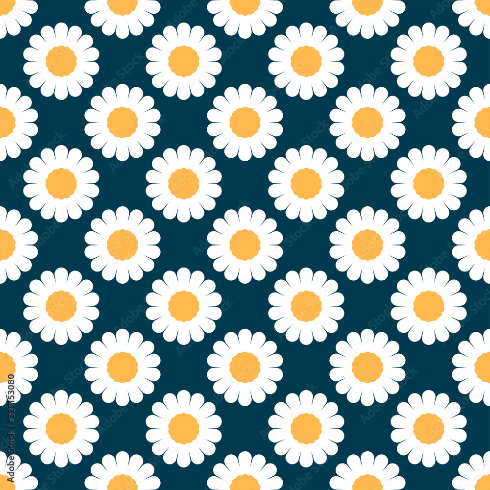 Identical camomile flowers isolated on blue background. Seamless pattern. Vector graffiti drawing. Texture.