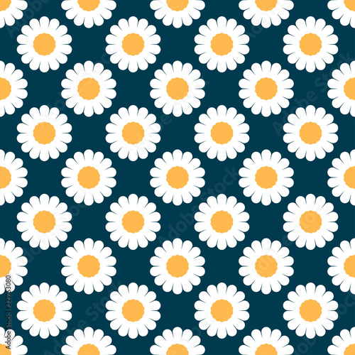 Identical camomile flowers isolated on blue background. Seamless pattern. Vector graffiti drawing. Texture.