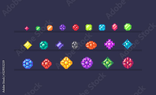 Pixel art set of magic crystals different forms and sizes.