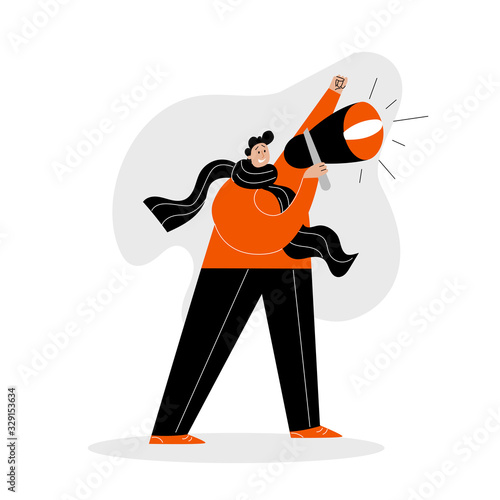 Caucasian man speaking in loudspeaker, making announcement. Vector illustration. White background.