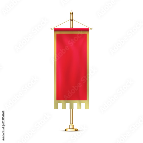 Blank red pennant flag mockup banner hanging golden rack pole realistic stylish retro illustration