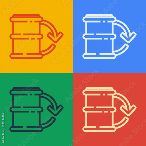 Pop art line Eco fuel barrel icon isolated on color background. Eco bio and barrel. Green environment and recycle. Vector Illustration