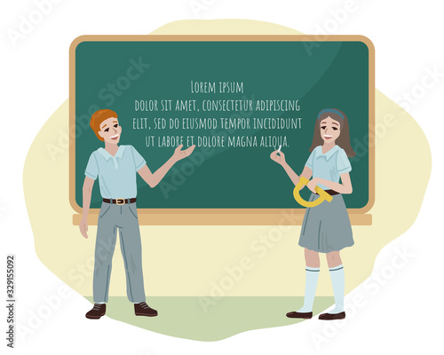 High school students near the board. Vector illustration