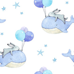 Wandcirkels Aquarel prints patronen Cute illustration. Sailor hand painted bunny. Watercolor nautical seamless pattern with rabbit and marine elements for textile, paper and backgrounds. Use for print, t shirt template. Surface design  © BloomPix
